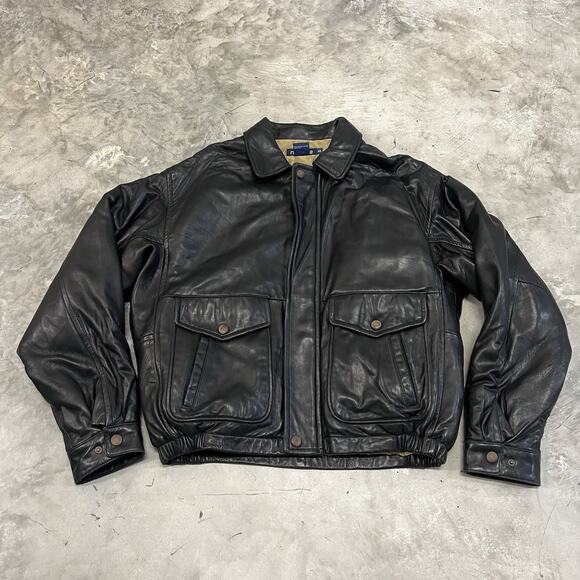 Men Nautica Black Soft Leather Zip Button Soft Driving Car Coat Jacket Size 44